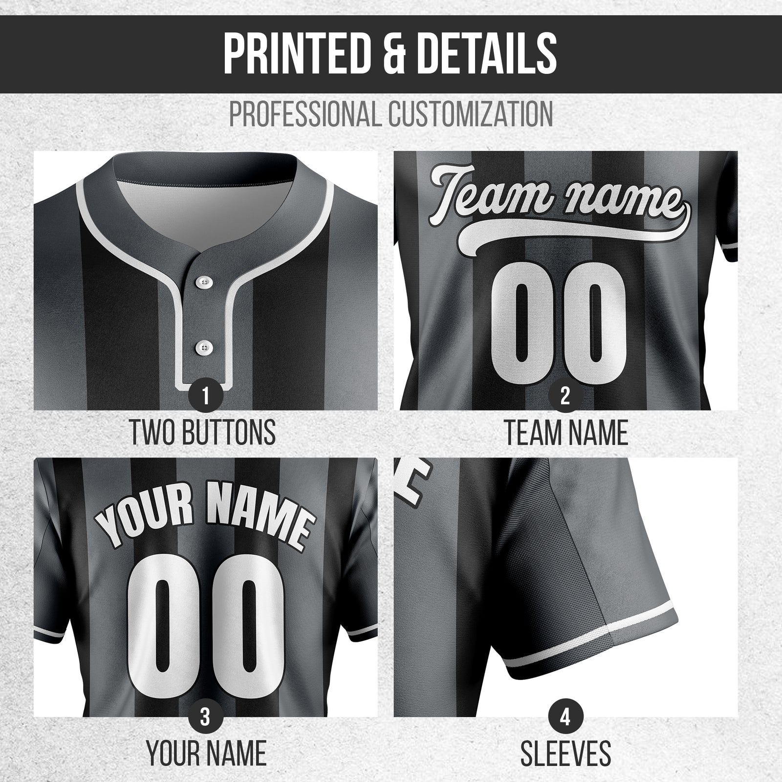 Custom Dual Stripe Dark Grey Baseball Sports Jersey Personalized Uniform with Name & Number