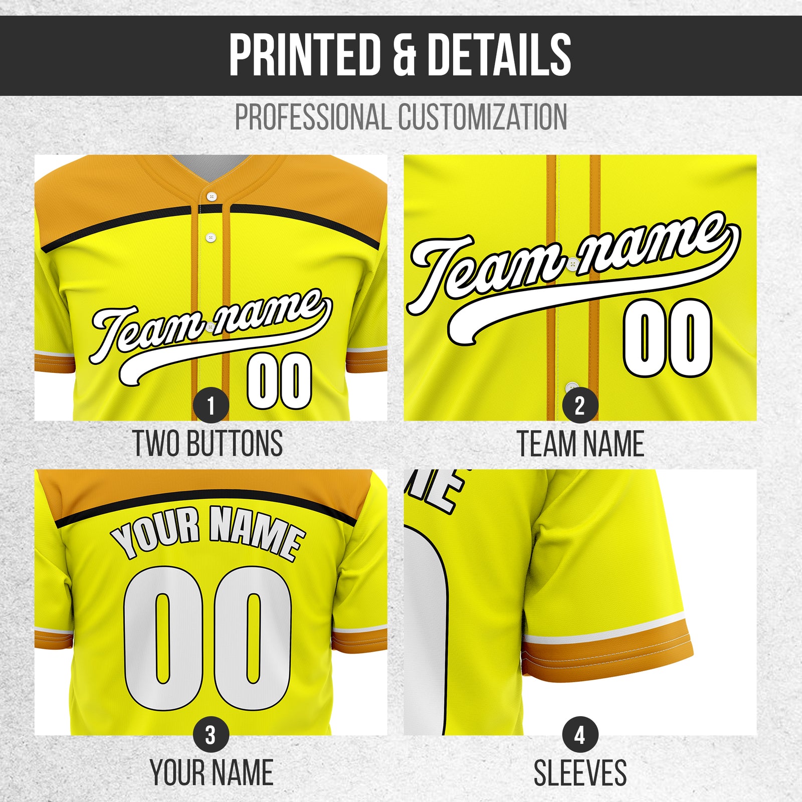 Custom Marquee Classic Baseball Yellow Sports Jersey Personalized Uniform with Name & Number