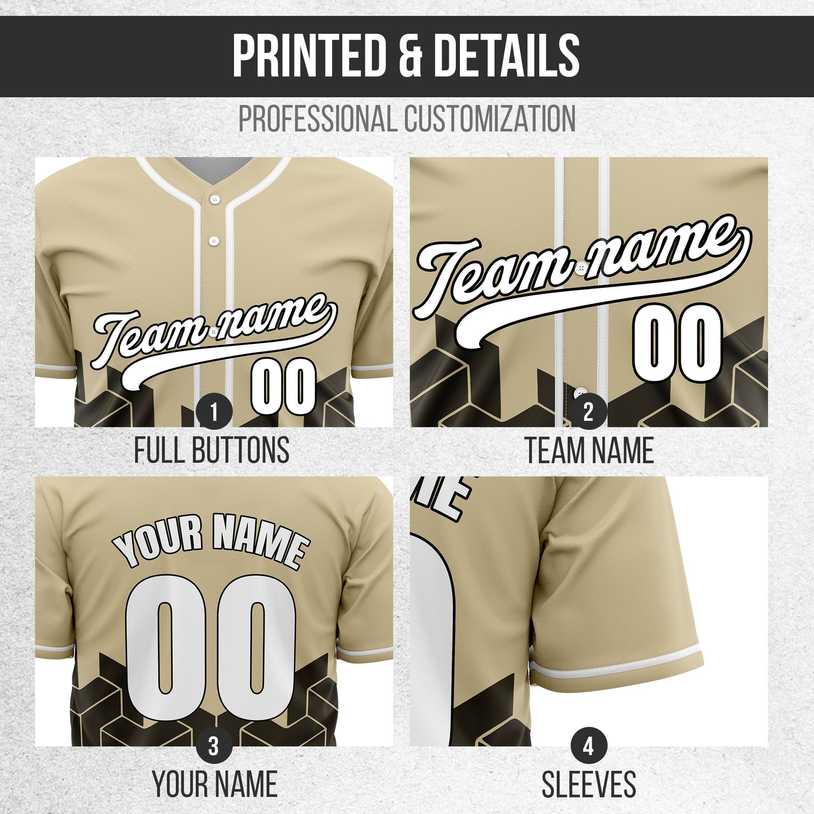 Custom Grid Iron Khaki Baseball Sports Jersey Personalized Uniform with Name & Number