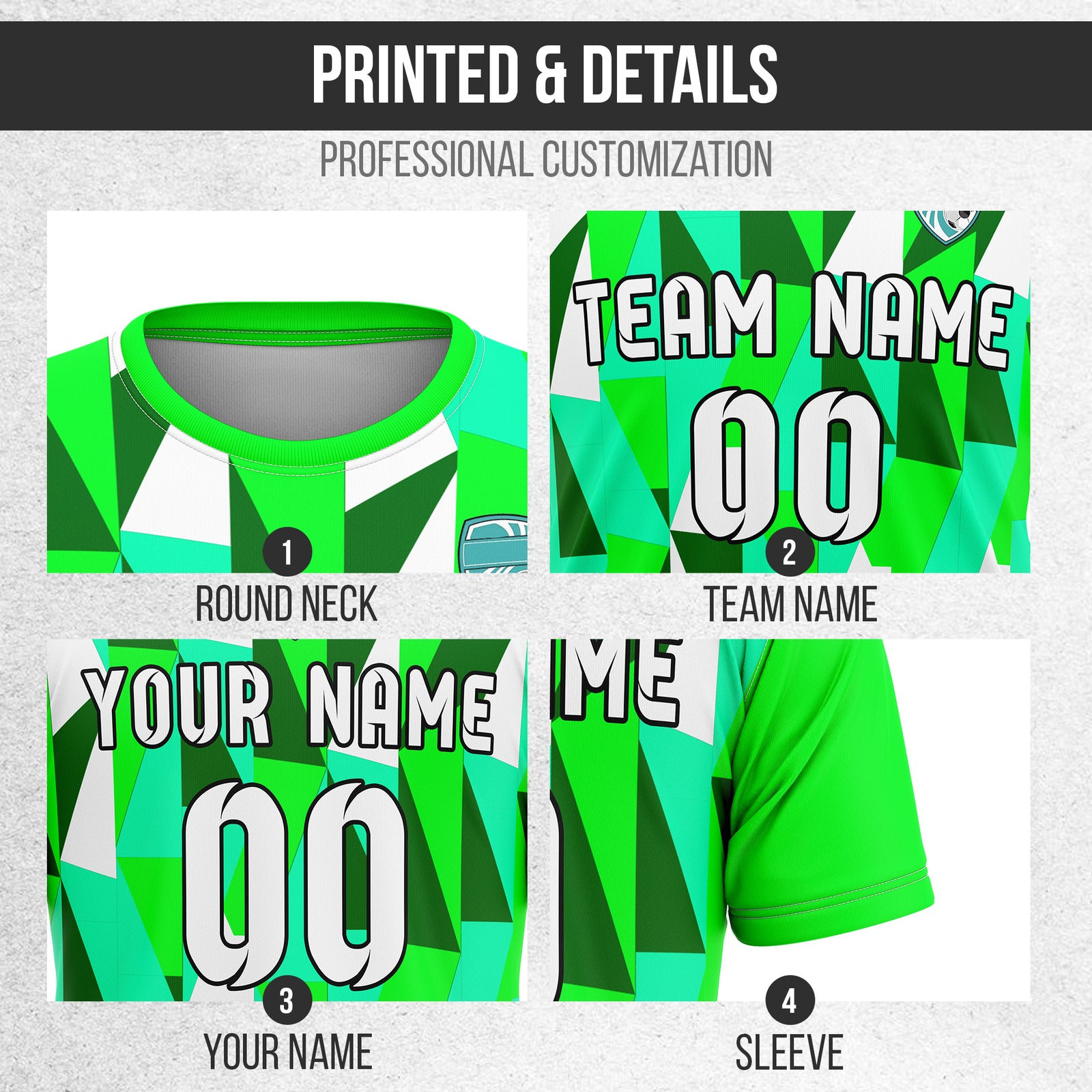 Custom Crystal R-Full Pattern Soccer Neon Green Sport Tops Jersey