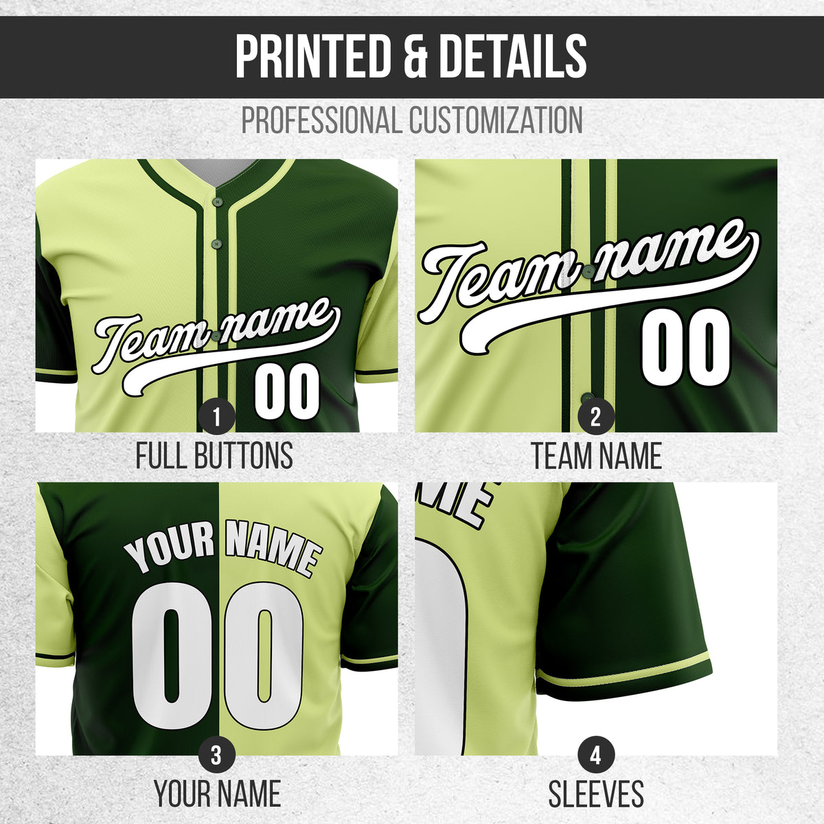 Custom Split Baseball Green Sports Jersey Personalized Uniform with Name & Number