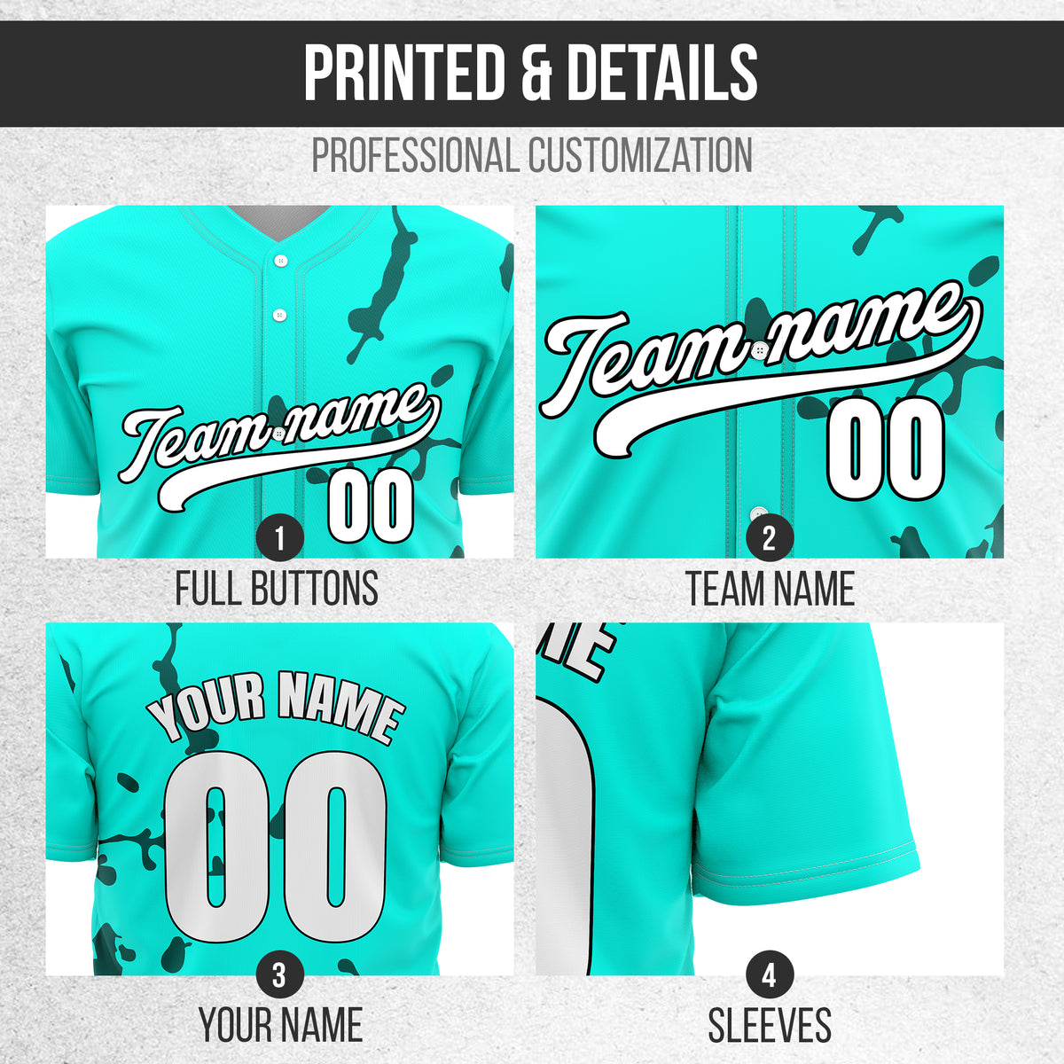 Custom Ink Paint Pop Aqua Baseball Sports Jersey Personalized Uniform with Name & Number