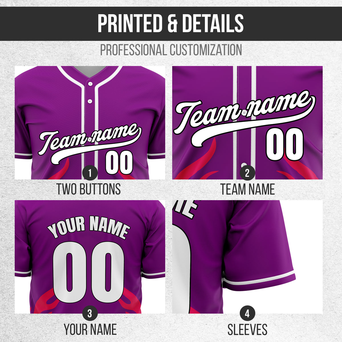 Custom Shadow Flames Purple Baseball Sports Jersey Personalized Uniform with Name & Number