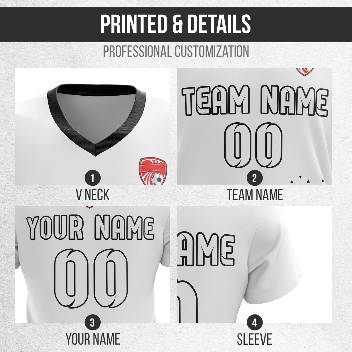Custom Tri-Edge V-Side Pattern White Soccer sport Tops Jersey