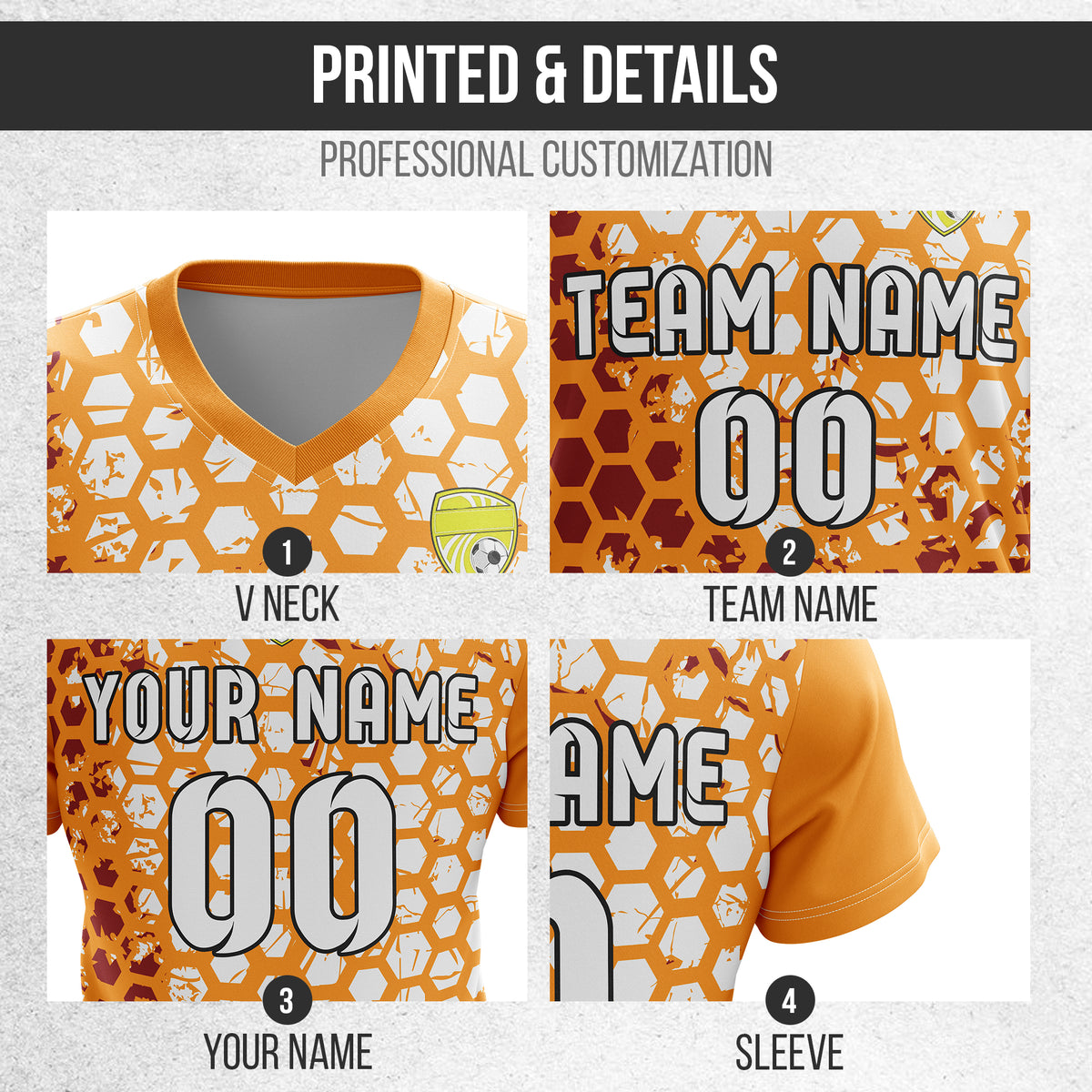 Custom Hex V-Full Pattern Orange Soccer sport Tops Jersey