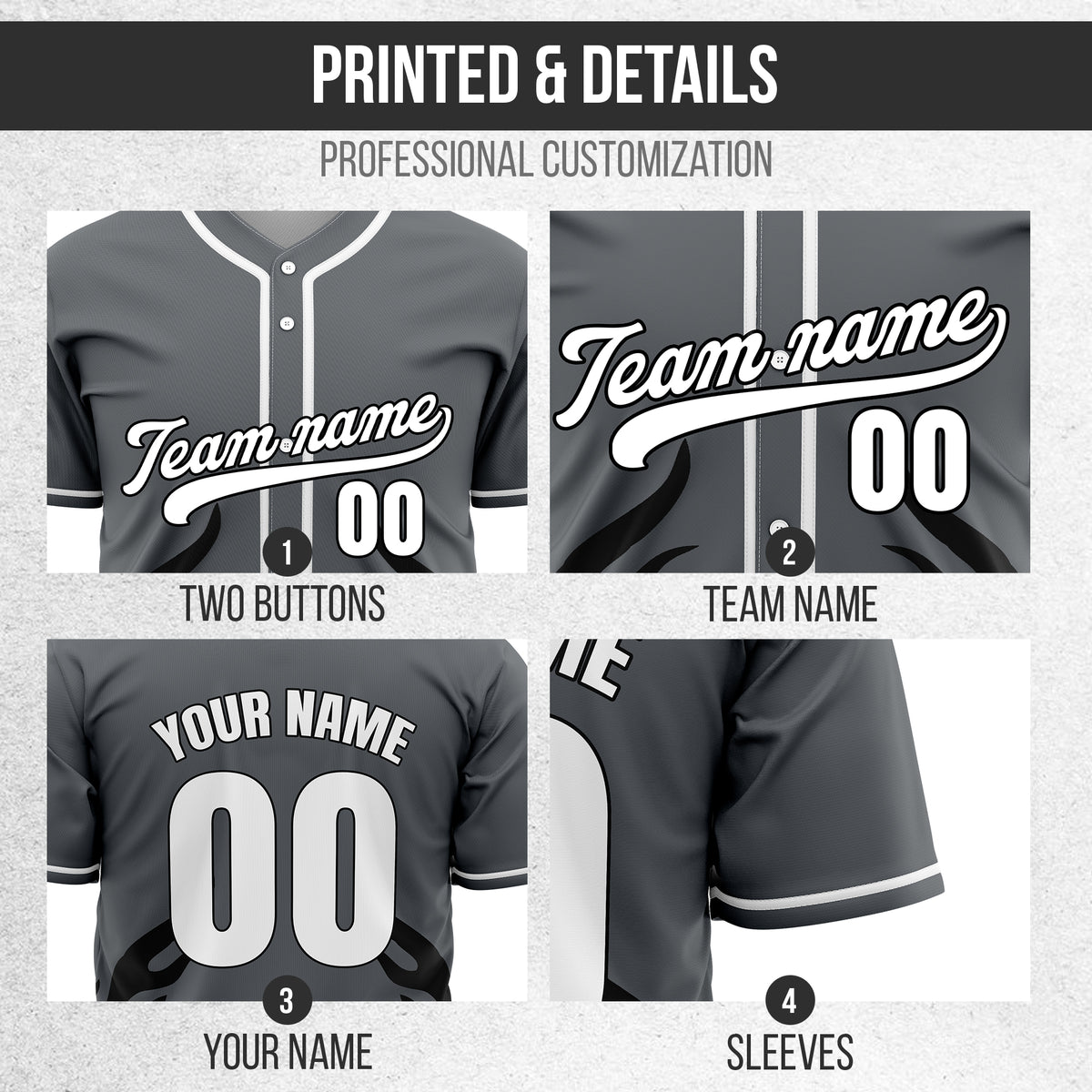Custom Shadow Flames Dark Grey Baseball Sports Jersey Personalized Uniform with Name & Number