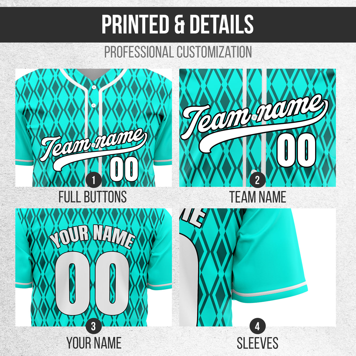 Custom Rhombic Edge Aqua Baseball Sports Jersey Personalized Uniform with Name & Number