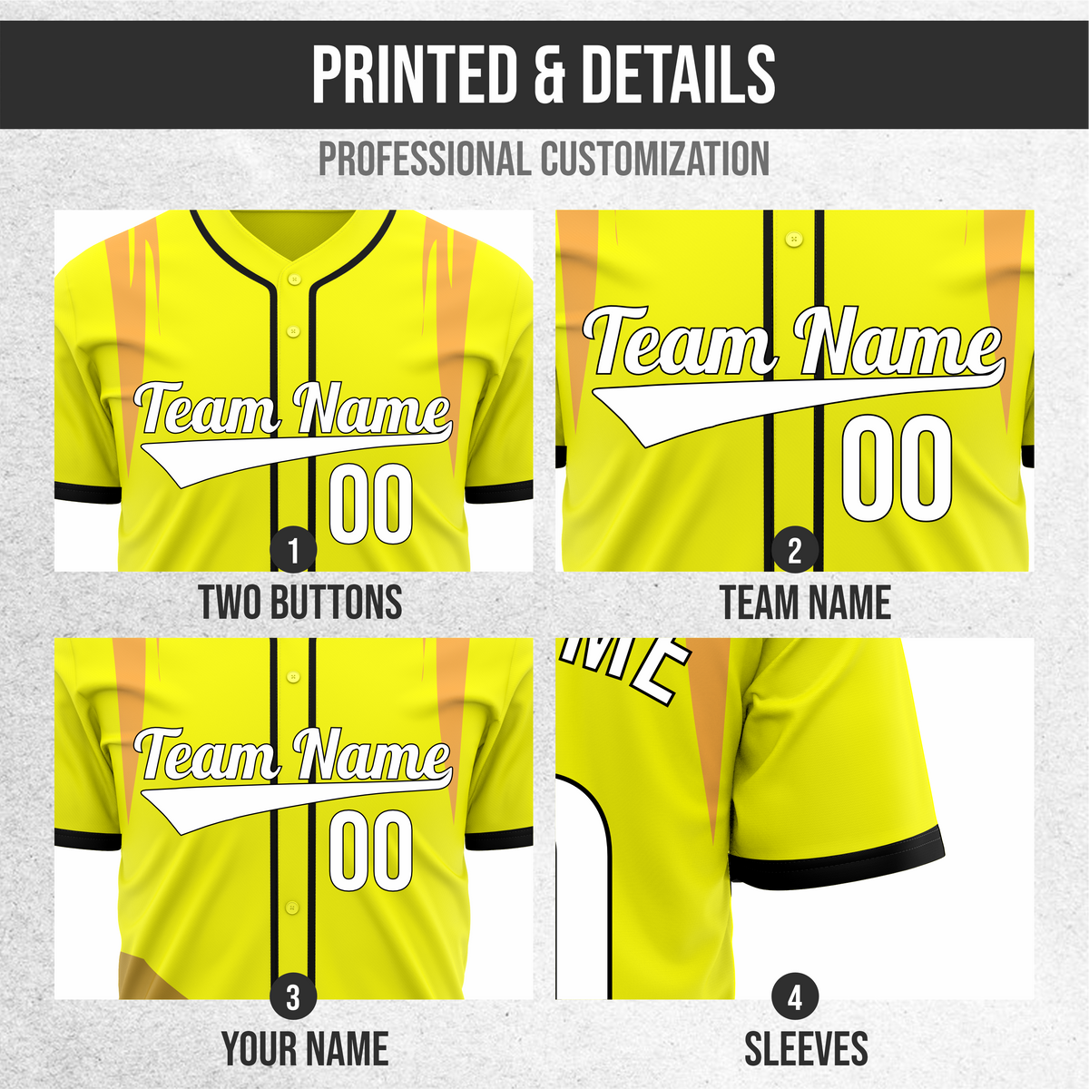 Custom Curve Edge Baseball Yellow Sports Jersey Personalized Uniform with Name & Number