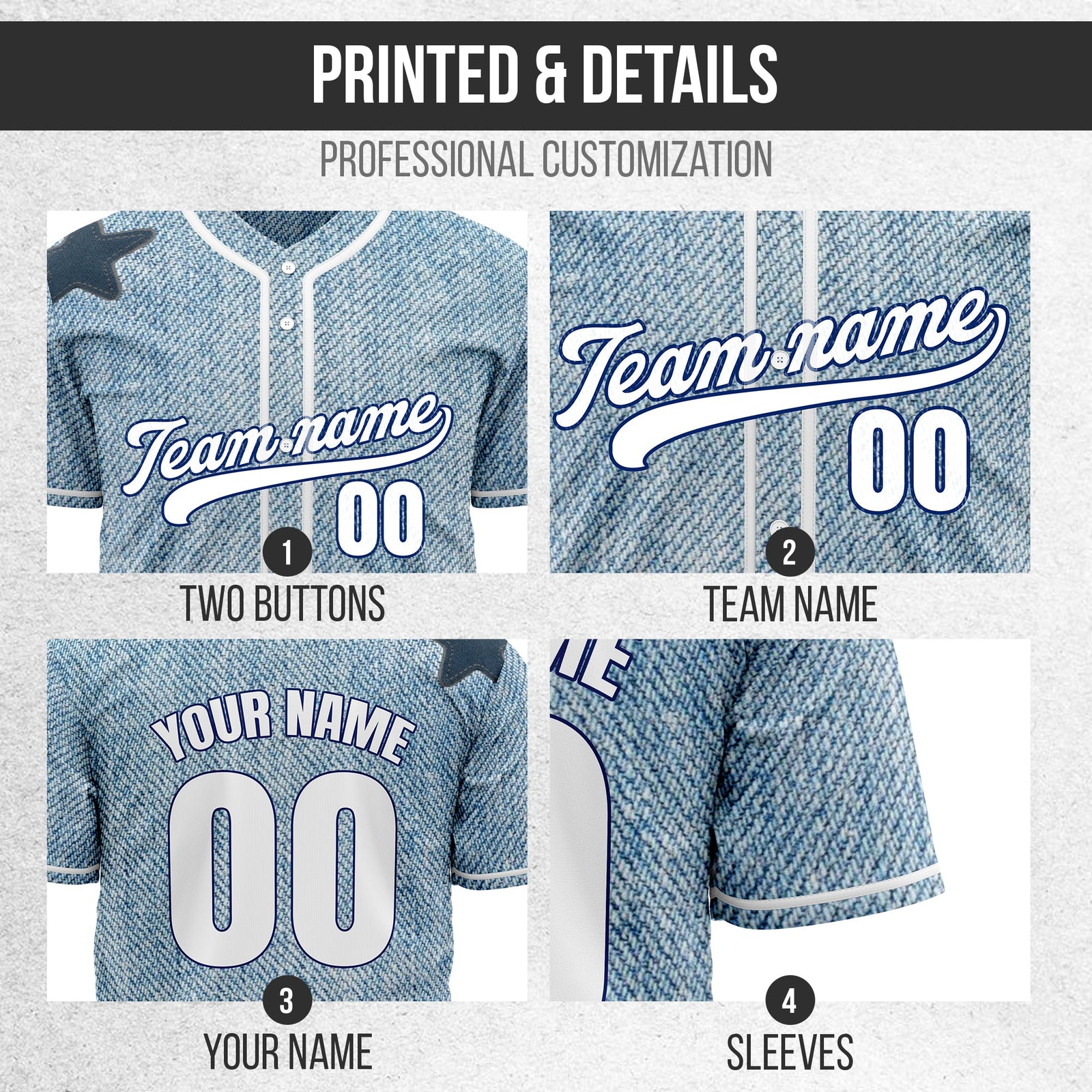 Custom Denim Star Pro Baseball Sports Jersey Personalized Uniform with Name & Number