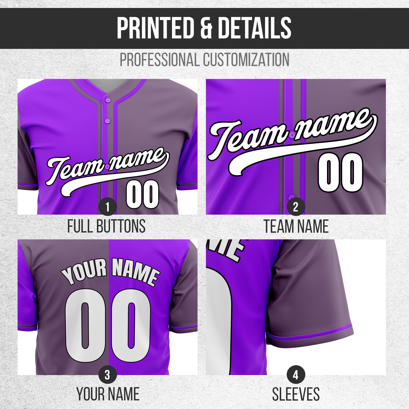 Custom Split Baseball Purple Sports Jersey Personalized Uniform with Name & Number