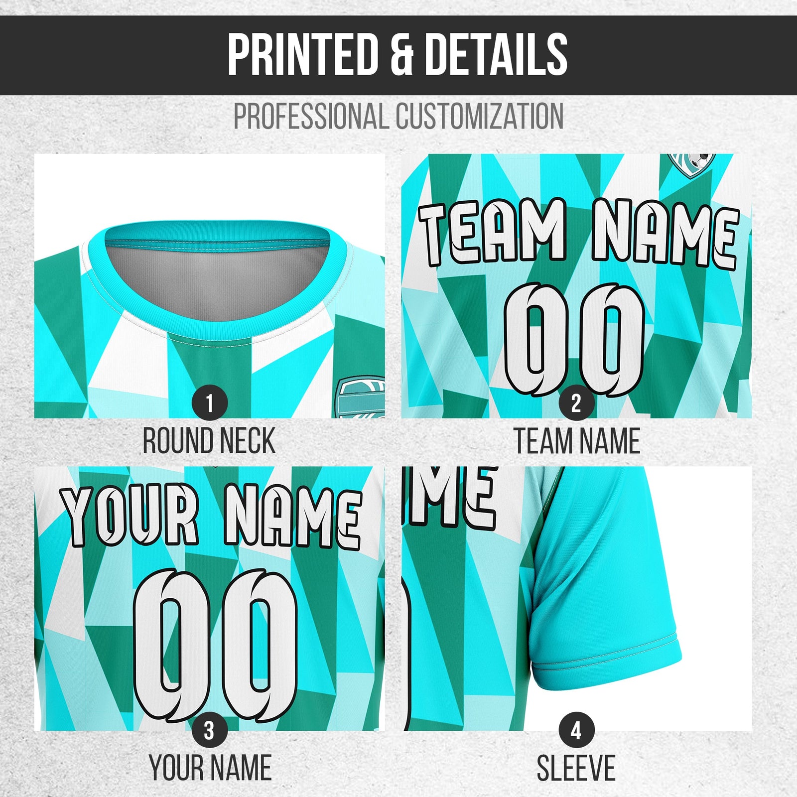 Custom Crystal R-Full Pattern Soccer Aqua Sport Tops Jersey