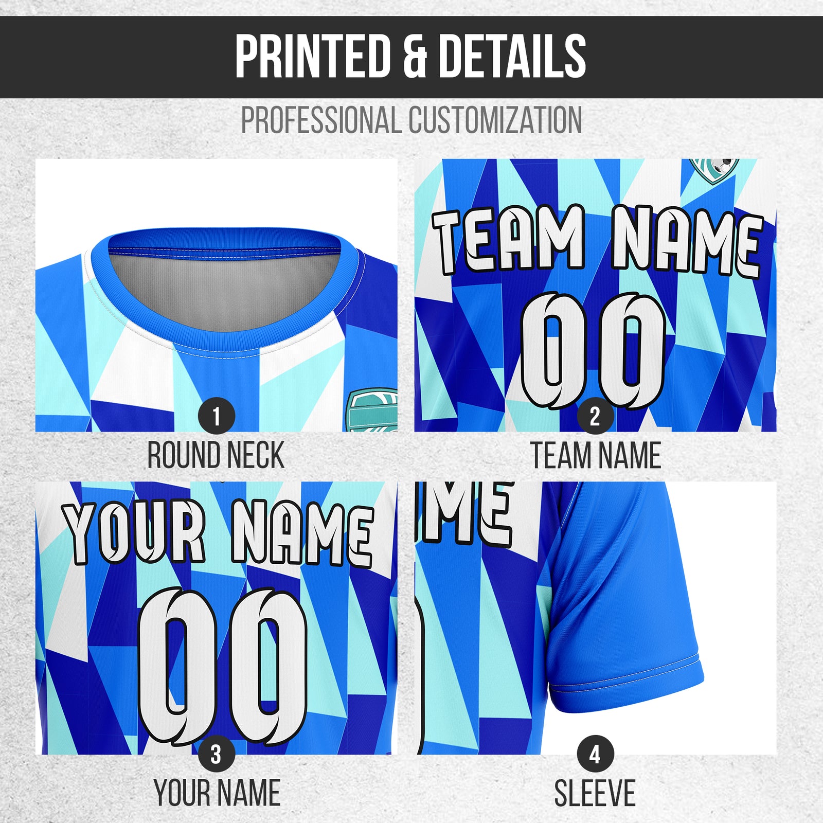 Custom Crystal R-Full Pattern Soccer Blue Sport Tops Jersey