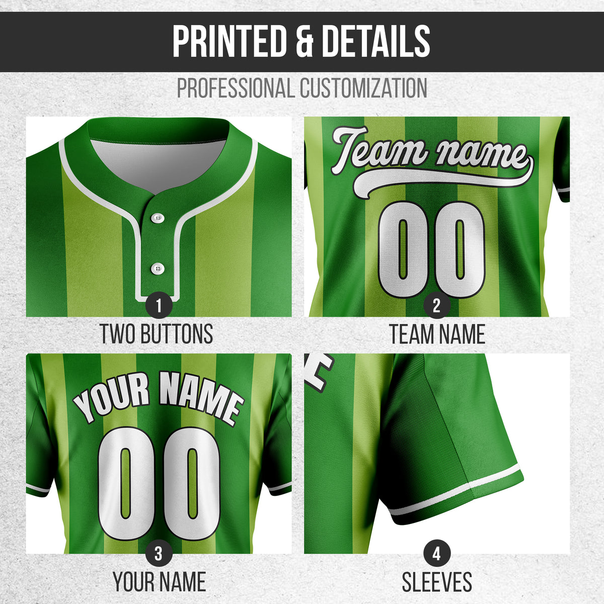 Custom Dual Stripe Green Baseball Sports Jersey Personalized Uniform with Name & Number