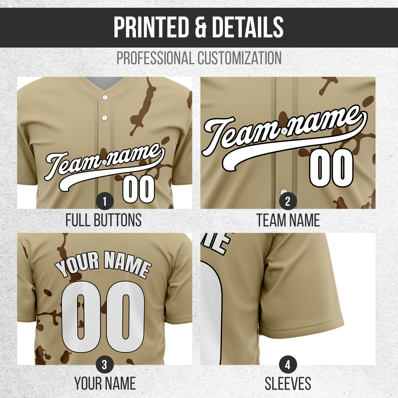 Custom Ink Paint Pop Khaki Baseball Sports Jersey Personalized Uniform with Name & Number