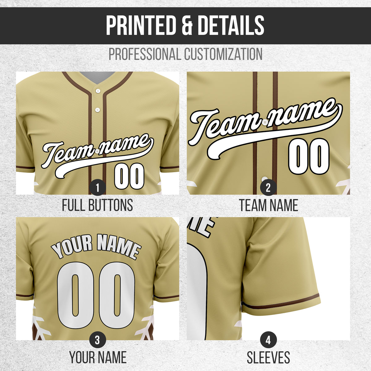 Custom Stitchline Baseball Khaki Sports Jersey Personalized Uniform with Name & Number