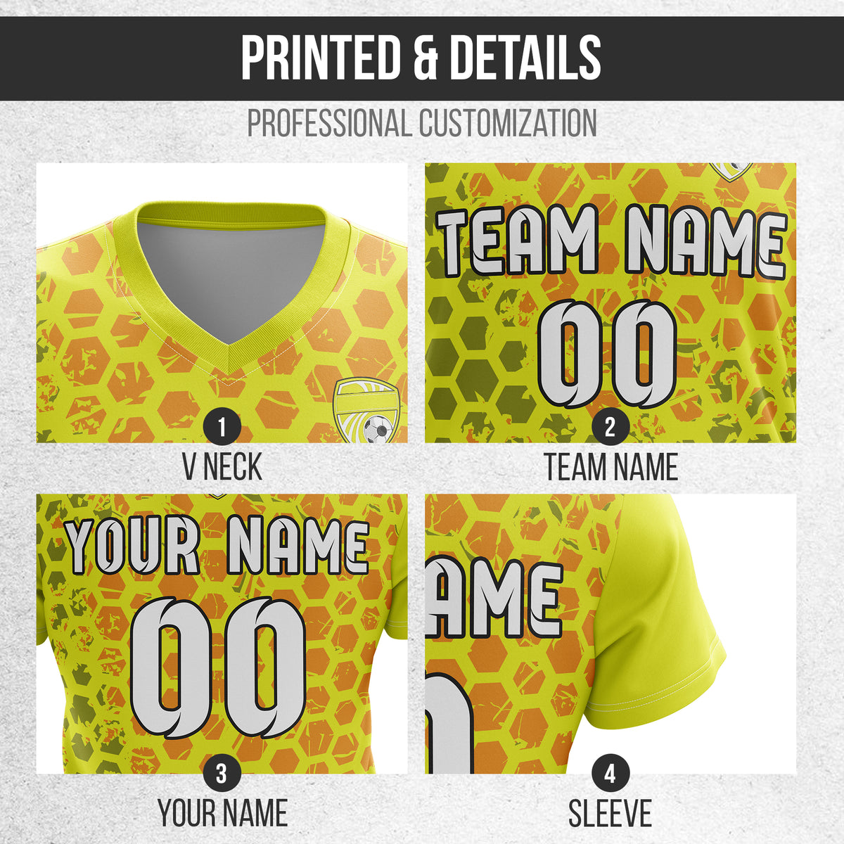 Custom Hex V-Full Pattern Yellow Soccer sport Tops Jersey