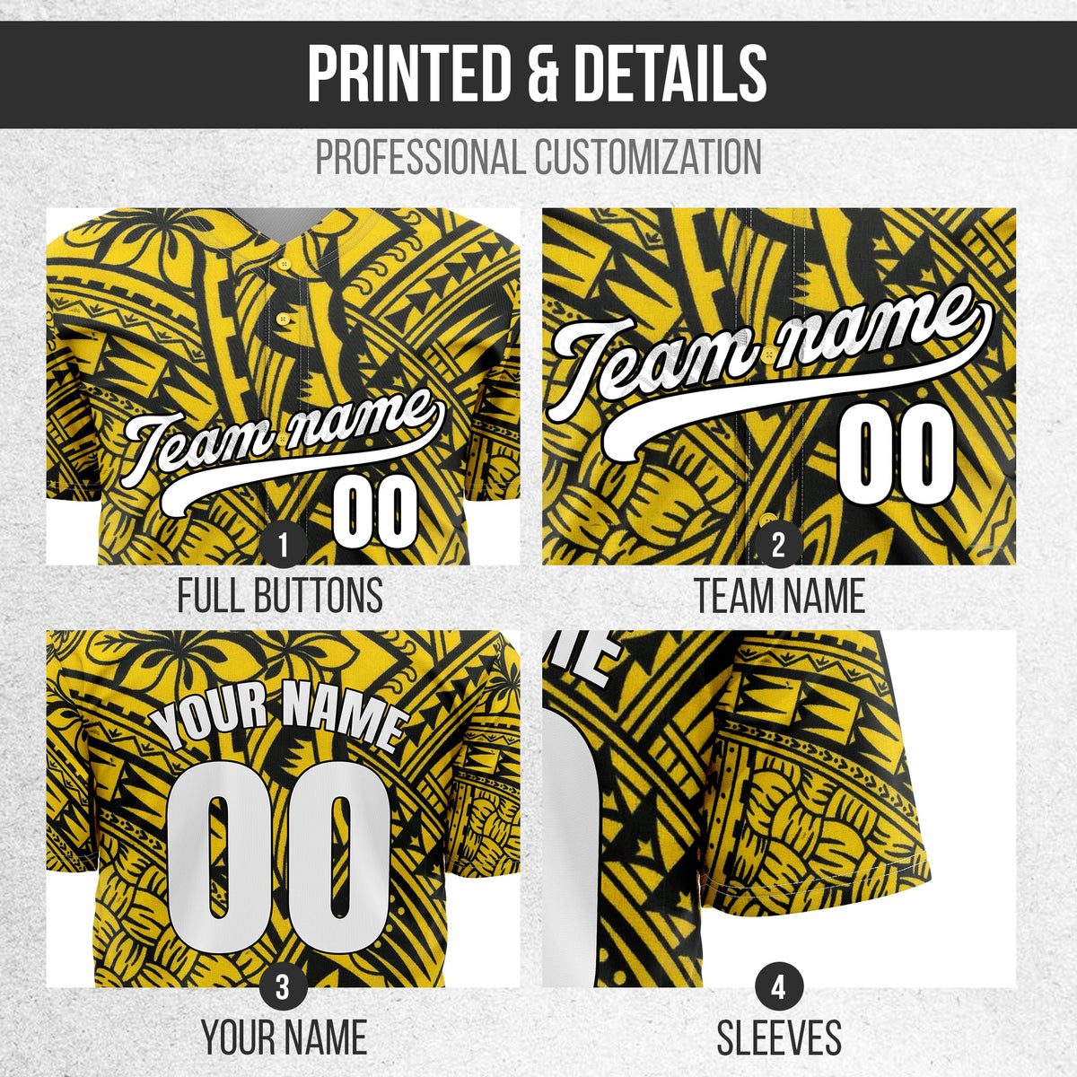 Custom Hawaiian Print Yellow Sports Jersey Personalized Uniform with Name & Number