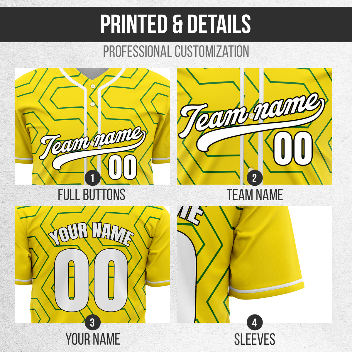 Custom Rhombus Rush Yellow Baseball Sports Jersey Personalized Uniform with Name & Number