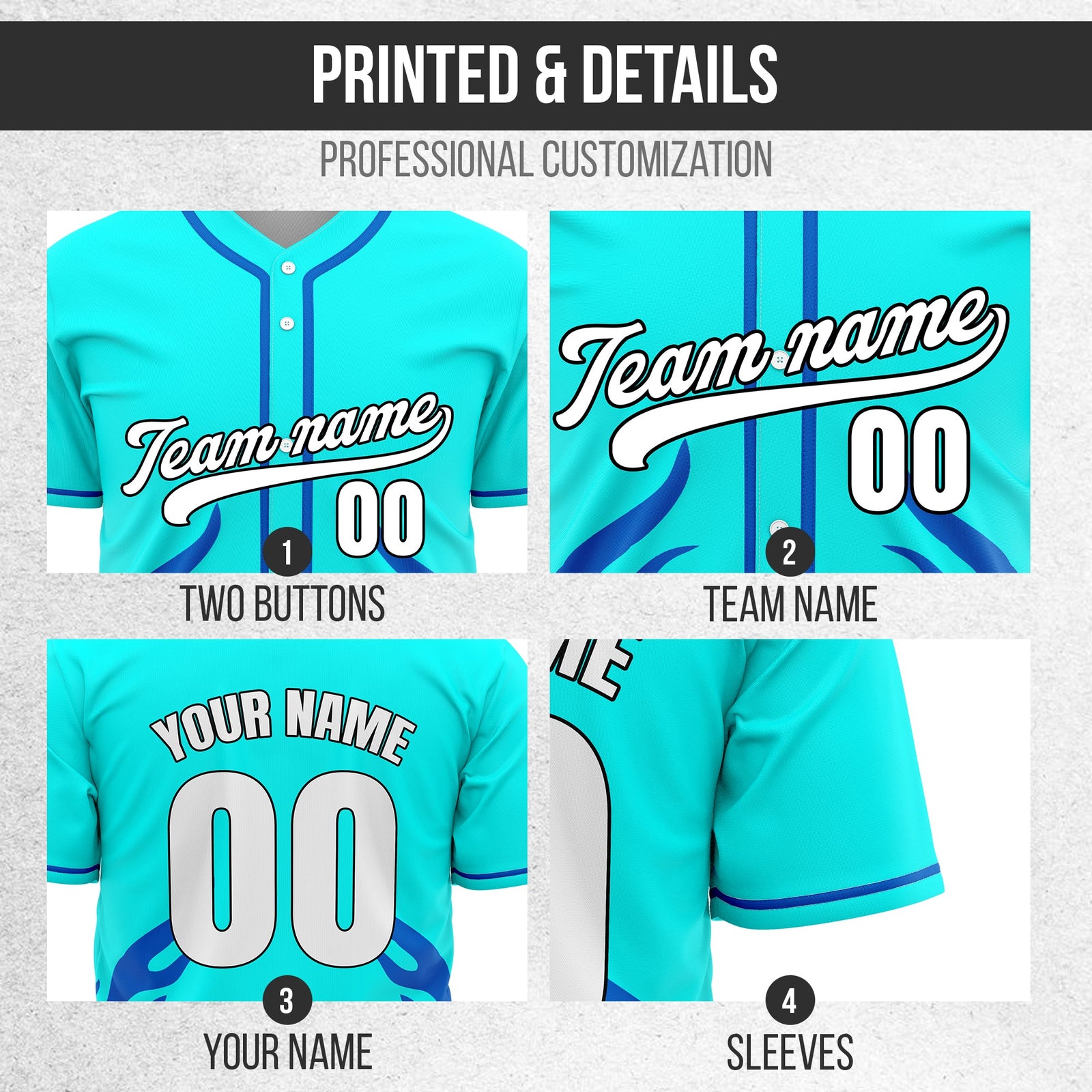 Custom Shadow Flames Aqua Baseball Sports Jersey Personalized Uniform with Name & Number