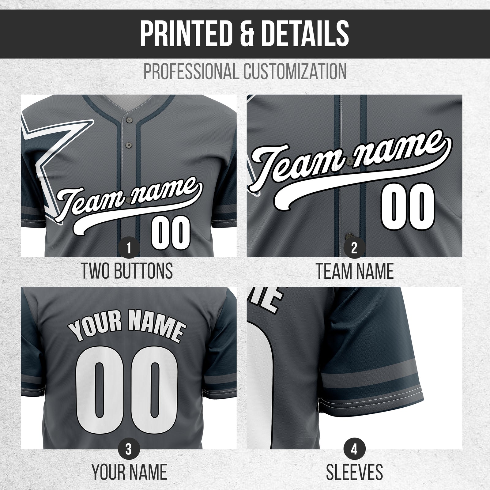 Custom Star Classic Baseball Dark Grey Sports Jersey Personalized Uniform with Name & Number
