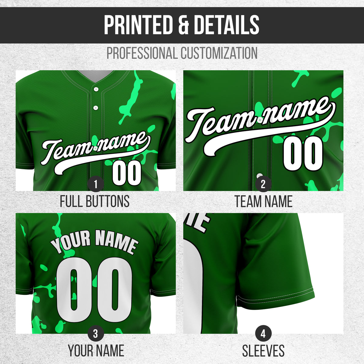 Custom Ink Paint Pop Green Baseball Sports Jersey Personalized Uniform with Name & Number