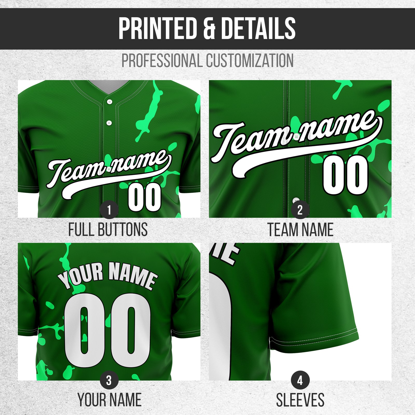 Custom Ink Paint Pop Green Baseball Sports Jersey Personalized Uniform with Name & Number