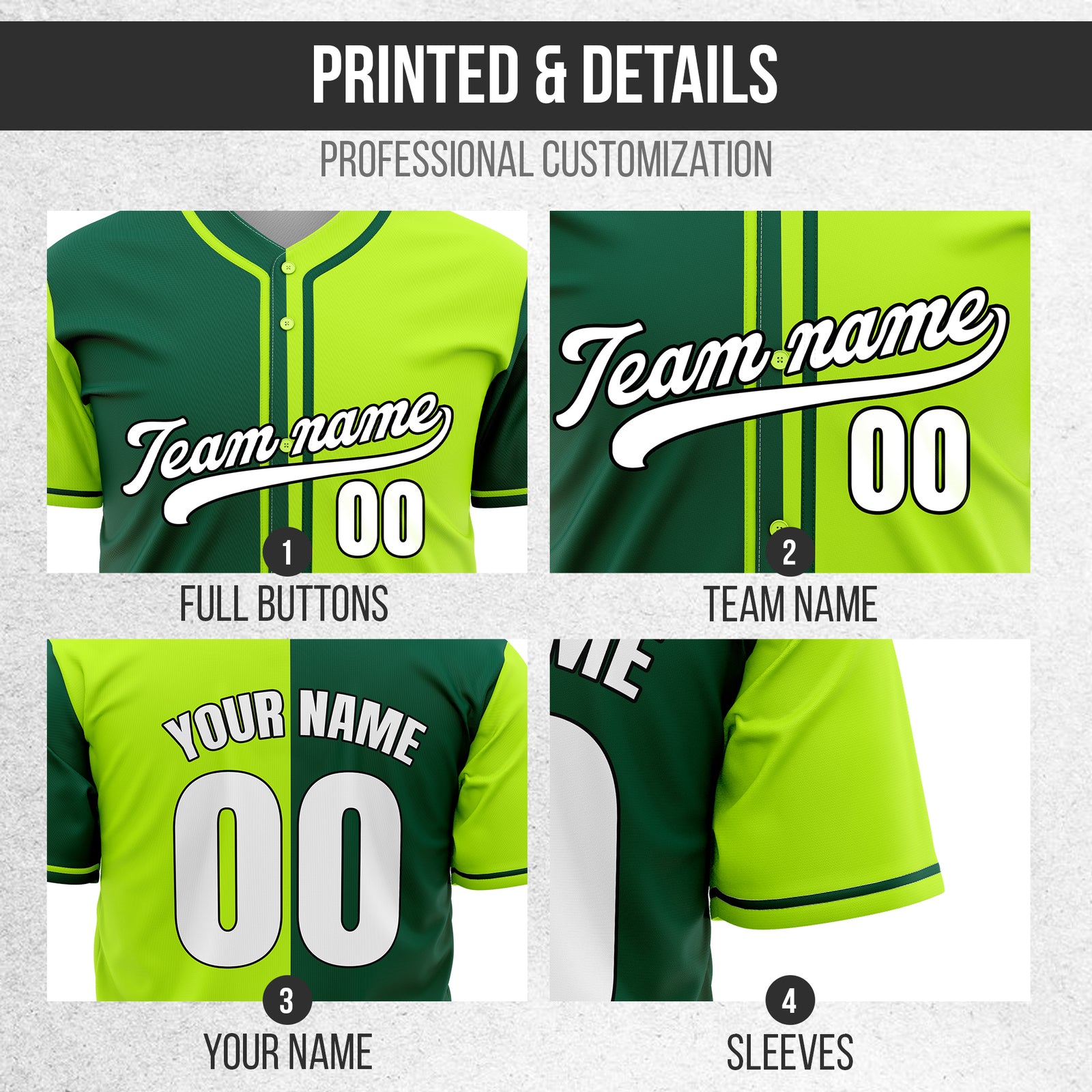 Custom Split Baseball Neon Green Sports Jersey Personalized Uniform with Name & Number