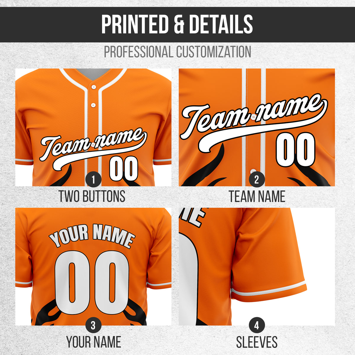 Custom Shadow Flames Orange Baseball Sports Jersey Personalized Uniform with Name & Number