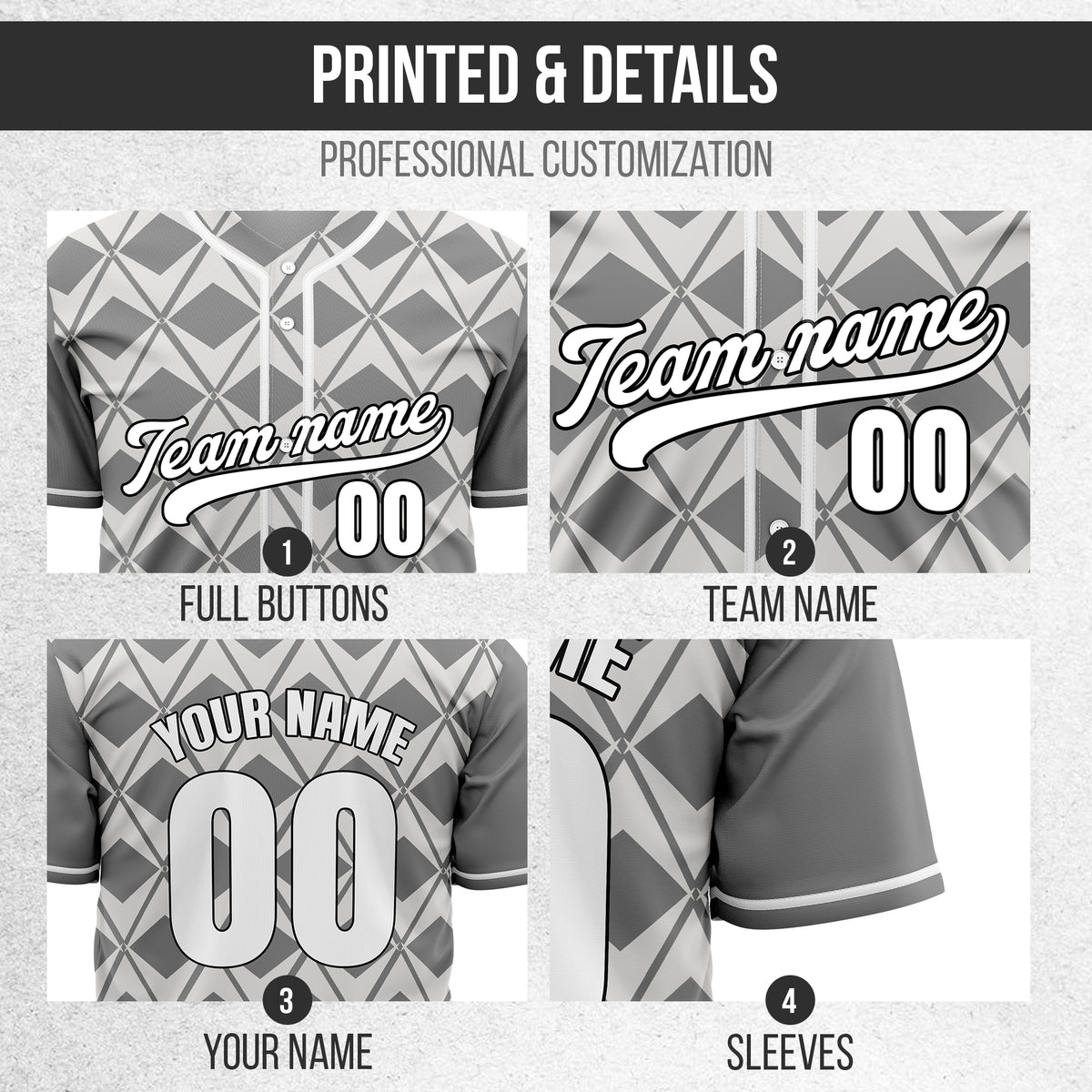 Custom Rhombus Blaze Grey Baseball Sports Jersey Personalized Uniform with Name & Number