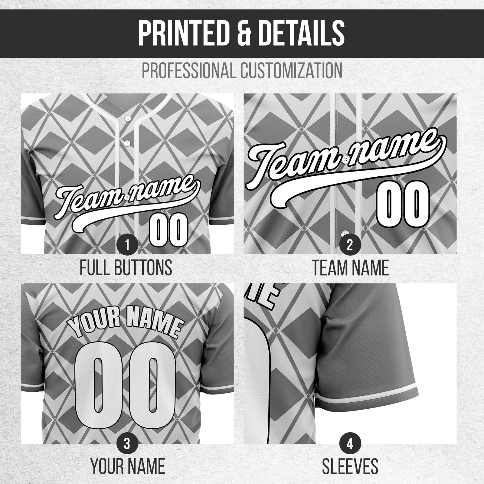 Custom Rhombus Blaze Grey Baseball Sports Jersey Personalized Uniform with Name & Number