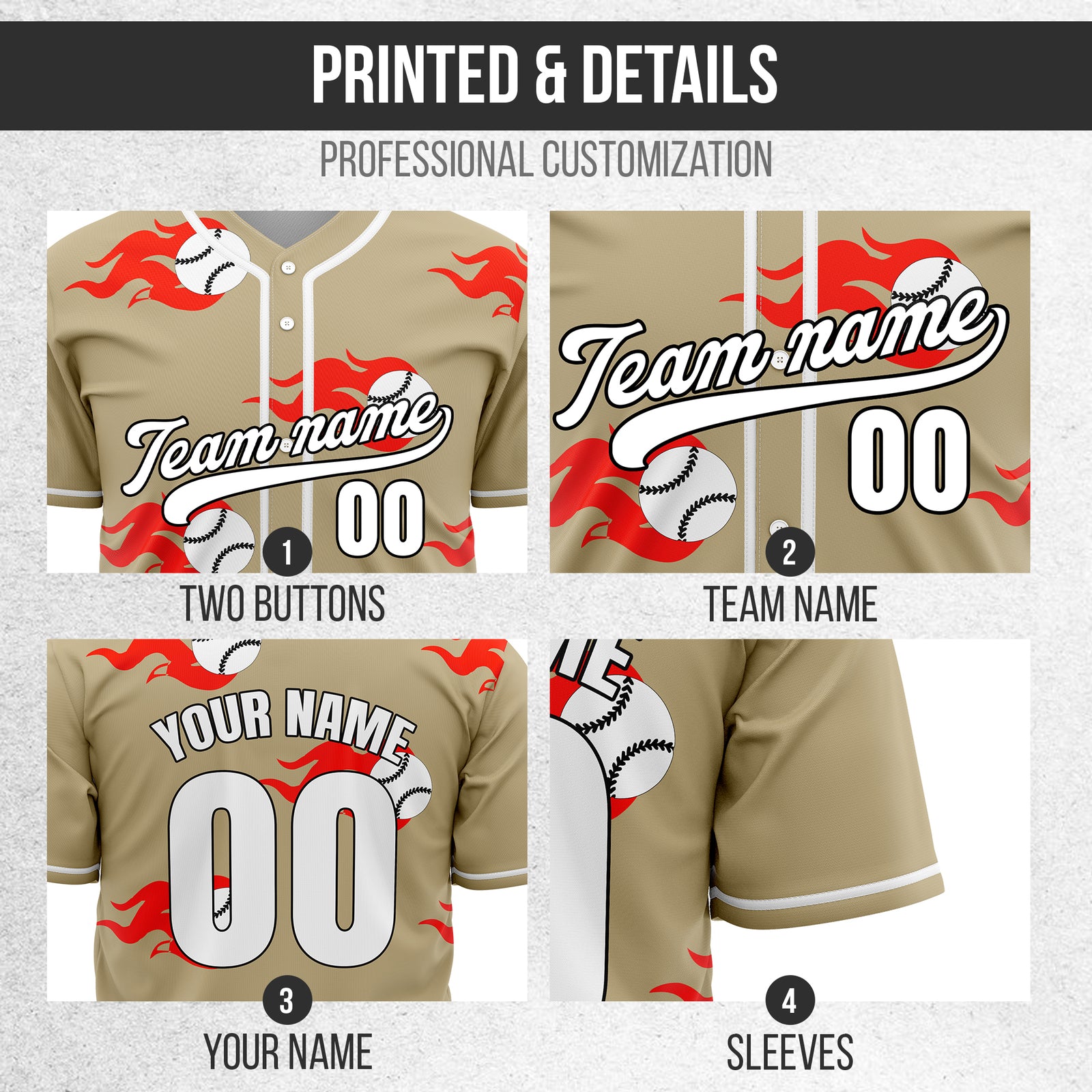 Custom Fireballers Khaki Baseball Sports Jersey Personalized Uniform with Name & Number