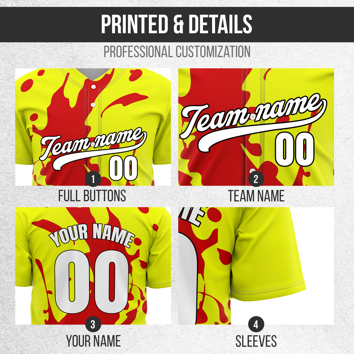 Custom Ink Splash Yellow Baseball Sports Jersey Personalized Uniform with Name & Number