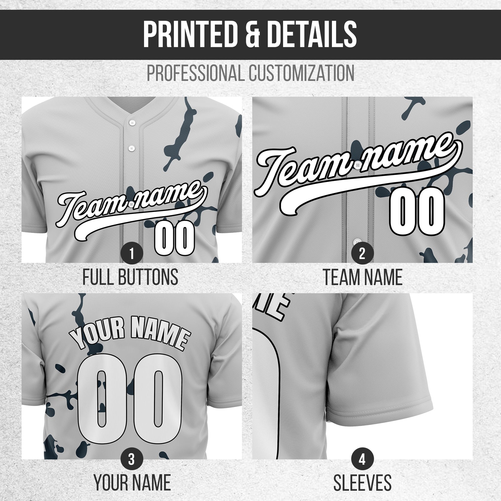 Custom Ink Paint Pop Grey Baseball Sports Jersey Personalized Uniform with Name & Number