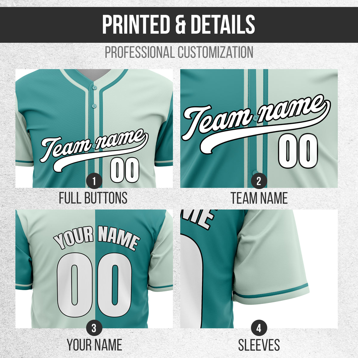 Custom Split Baseball Teal Sports Jersey Personalized Uniform with Name & Number