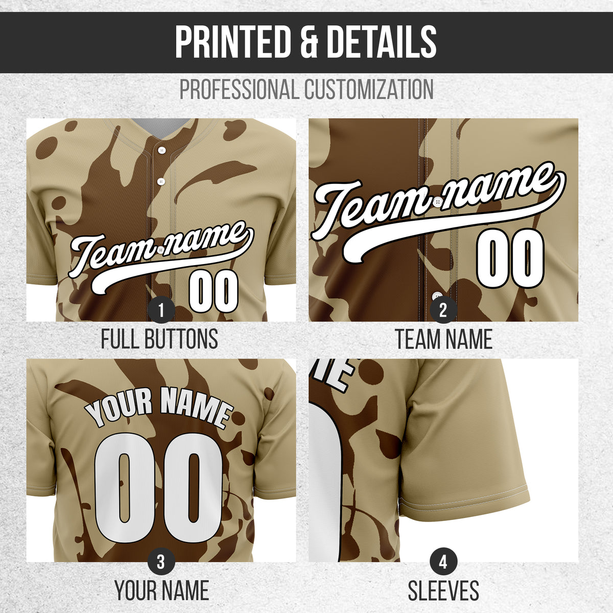 Custom Ink Splash Khaki Baseball Sports Jersey Personalized Uniform with Name & Number