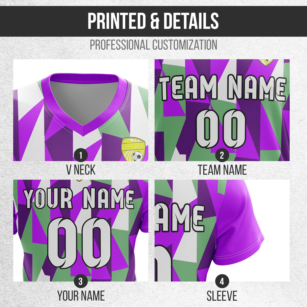Custom Crystal V-Full Pattern Purple Soccer sport Tops Jersey