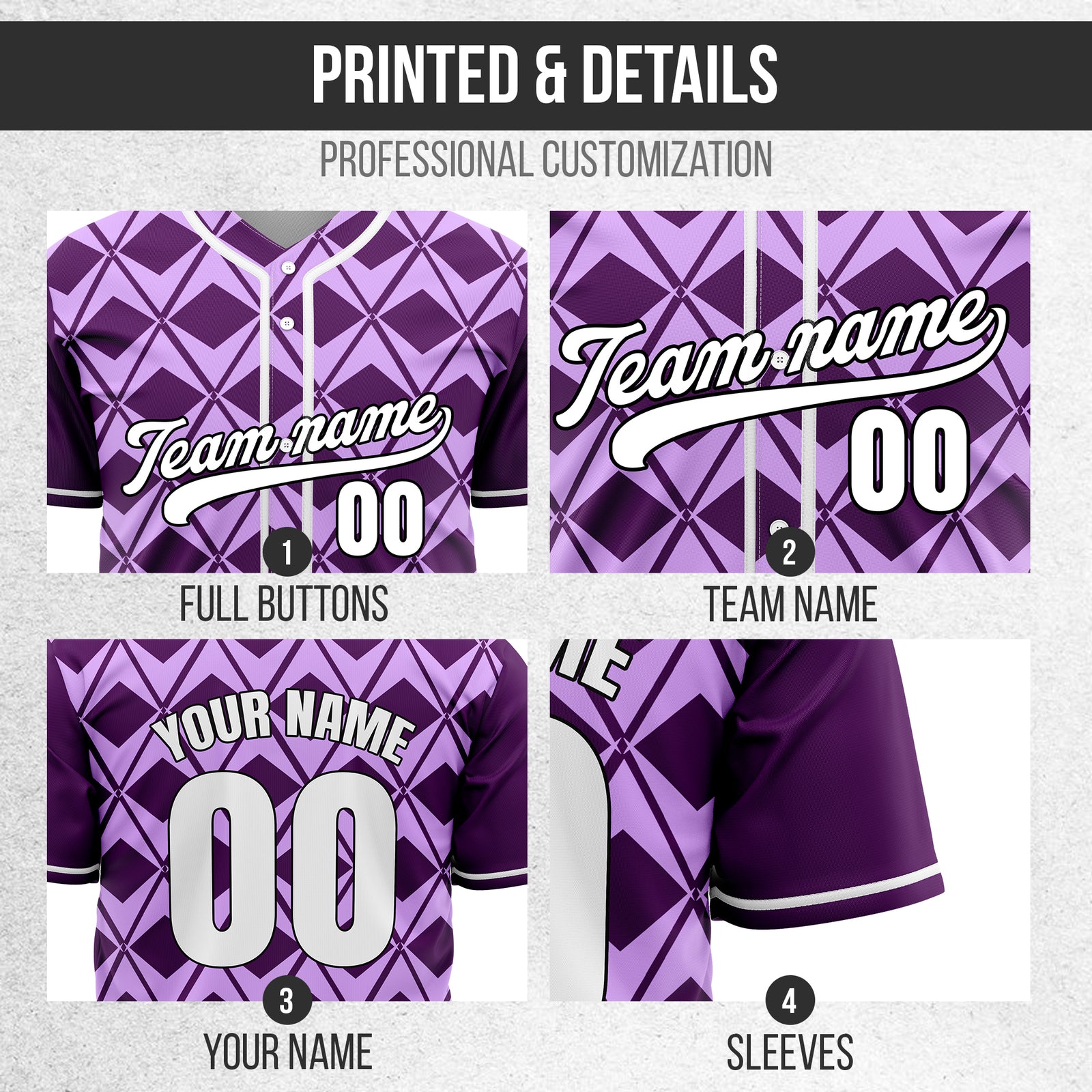 Custom Rhombus Blaze Purple Baseball Sports Jersey Personalized Uniform with Name & Number