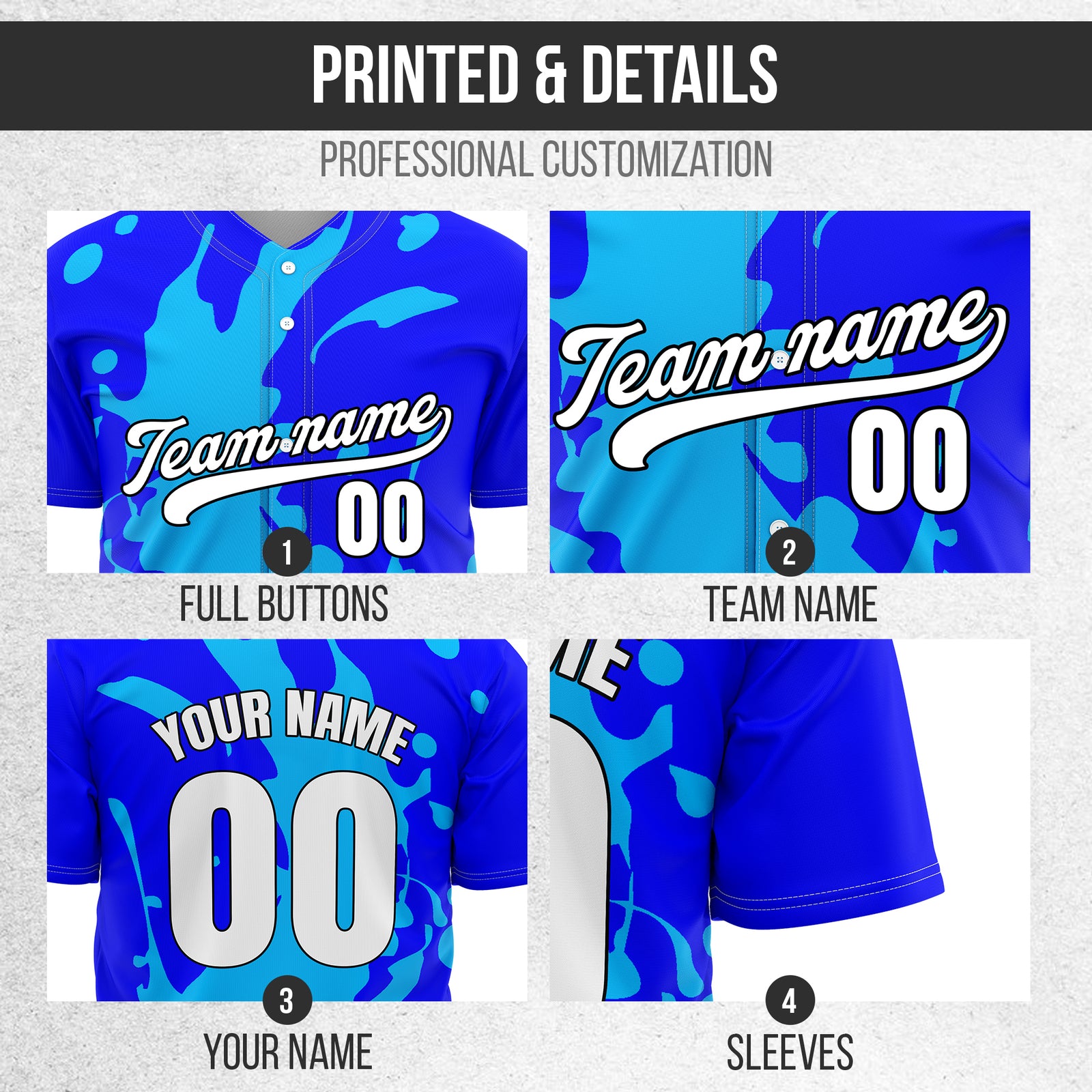 Custom Ink Splash Blue Baseball Sports Jersey Personalized Uniform with Name & Number
