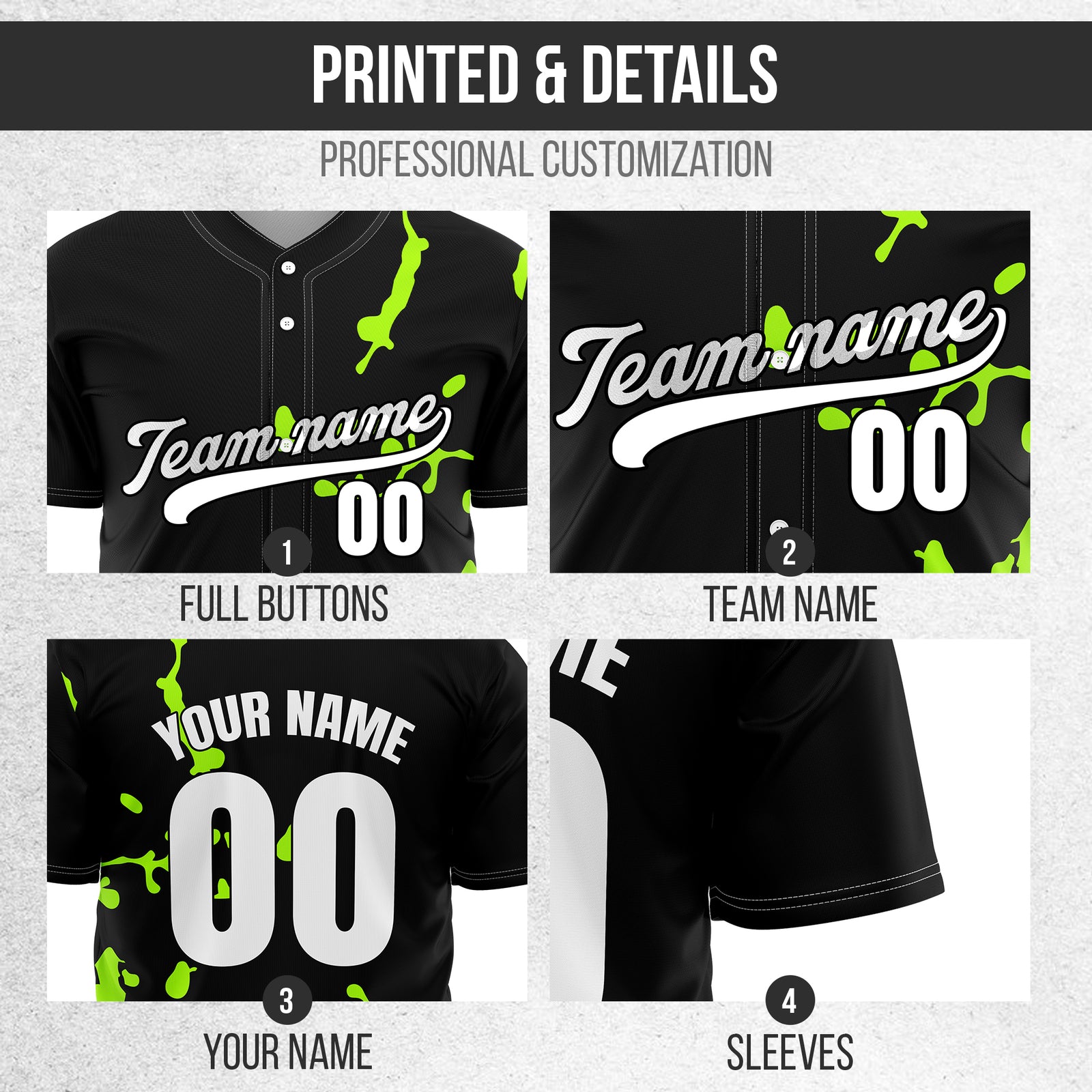 Custom Ink Paint Pop Black Baseball Sports Jersey Personalized Uniform with Name & Number