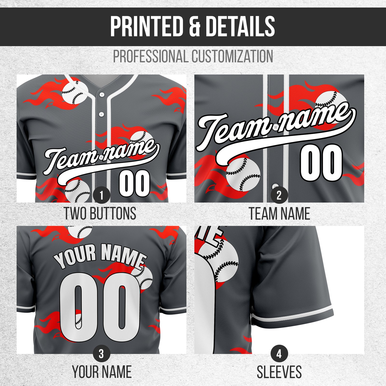 Custom Fireballers Dark Grey Baseball Sports Jersey Personalized Uniform with Name & Number
