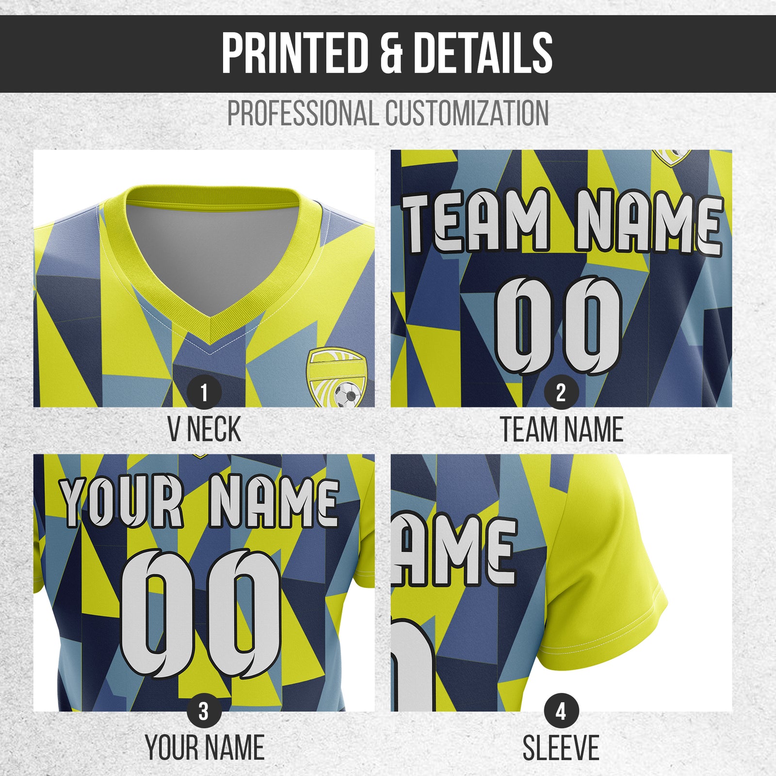 Custom Crystal V-Full Pattern Yellow Soccer sport Tops Jersey