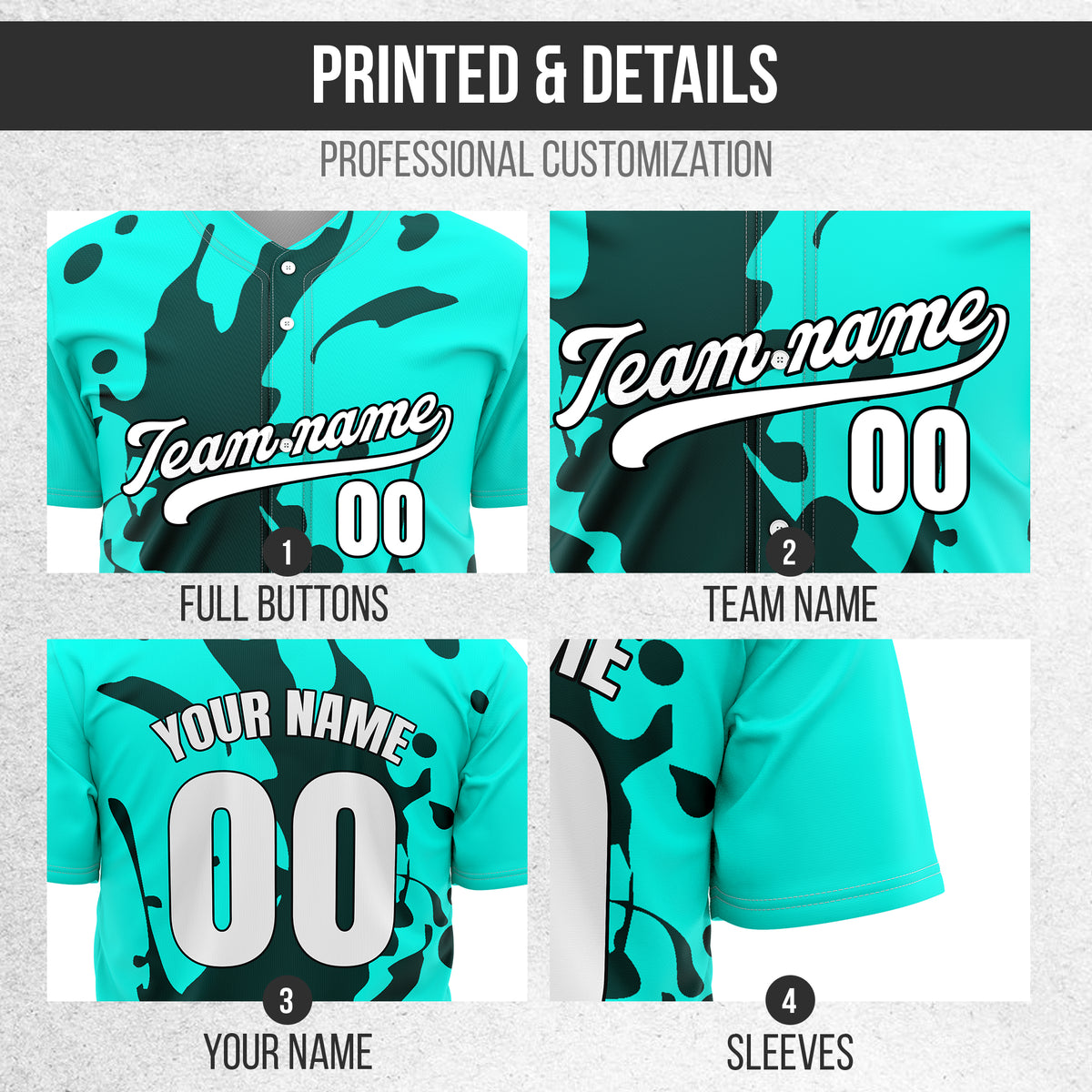Custom Ink Splash Aqua Baseball Sports Jersey Personalized Uniform with Name & Number