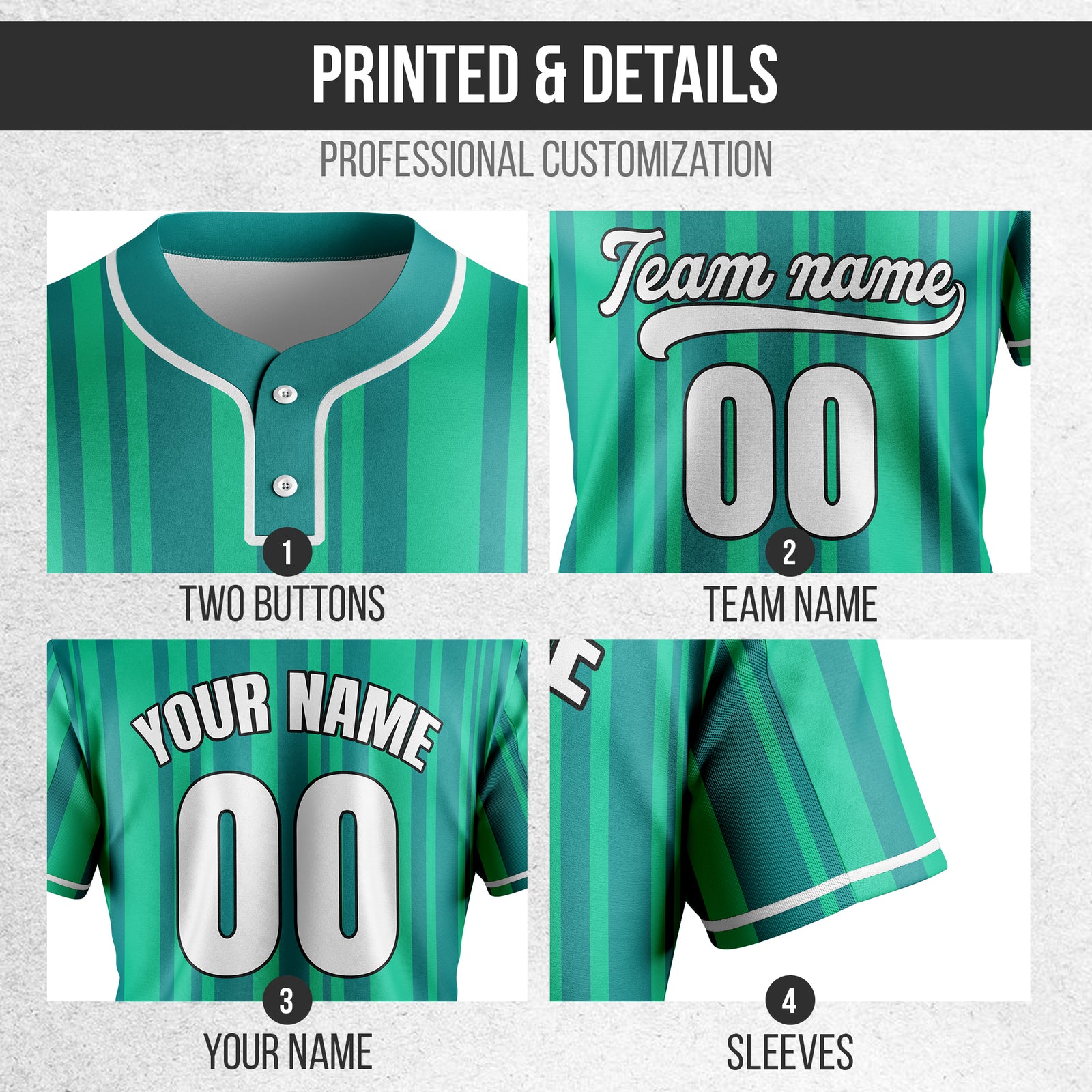 Custom Stripe Fusion Teal Baseball Sports Jersey Personalized Uniform with Name & Number