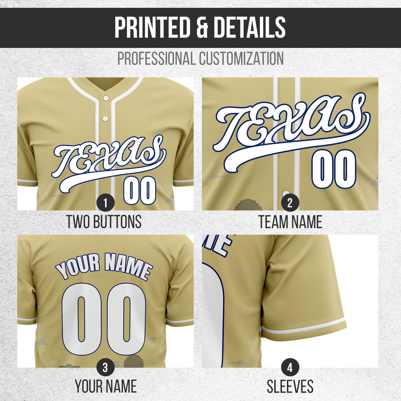 Custom City Lights Khaki Baseball Sports Jersey Personalized Uniform with Name & Number
