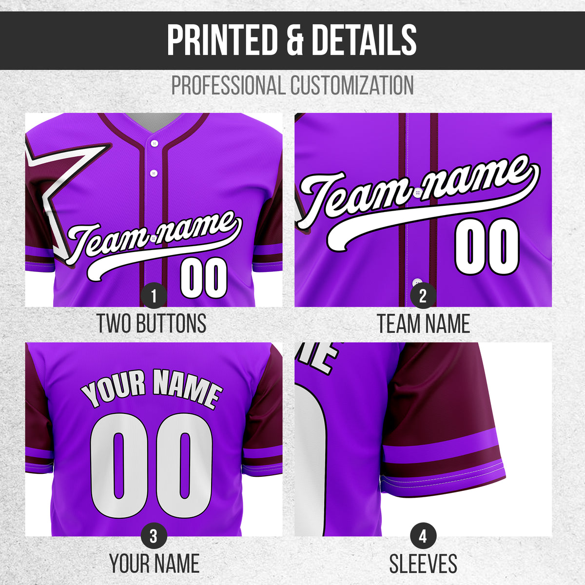 Custom Star Classic Baseball Purple Sports Jersey Personalized Uniform with Name & Number