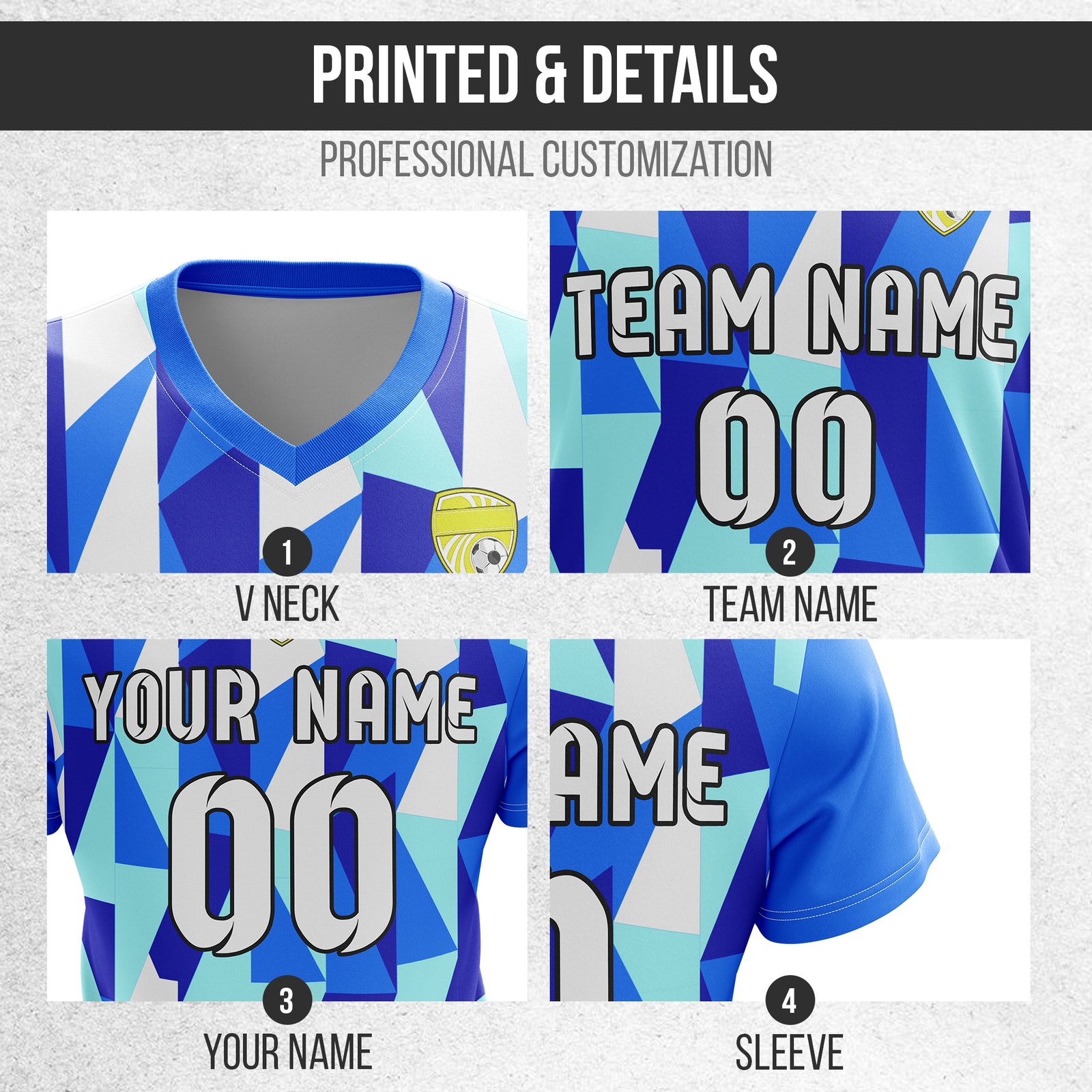 Custom Crystal V-Full Pattern Blue Soccer sport Tops Jersey
