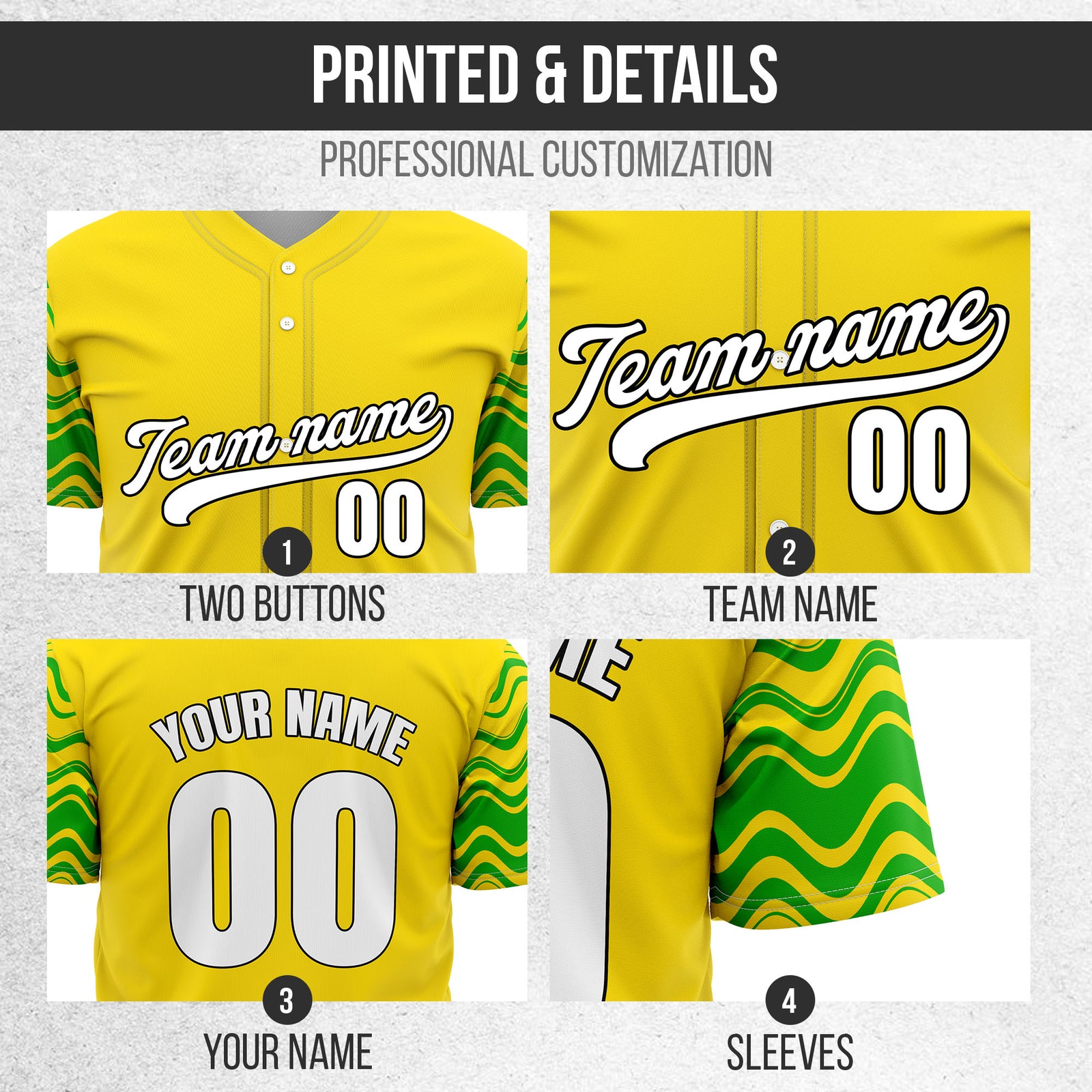 Custom Wave Yellow Baseball Sports Jerseys Personalized Uniform with Name & Number