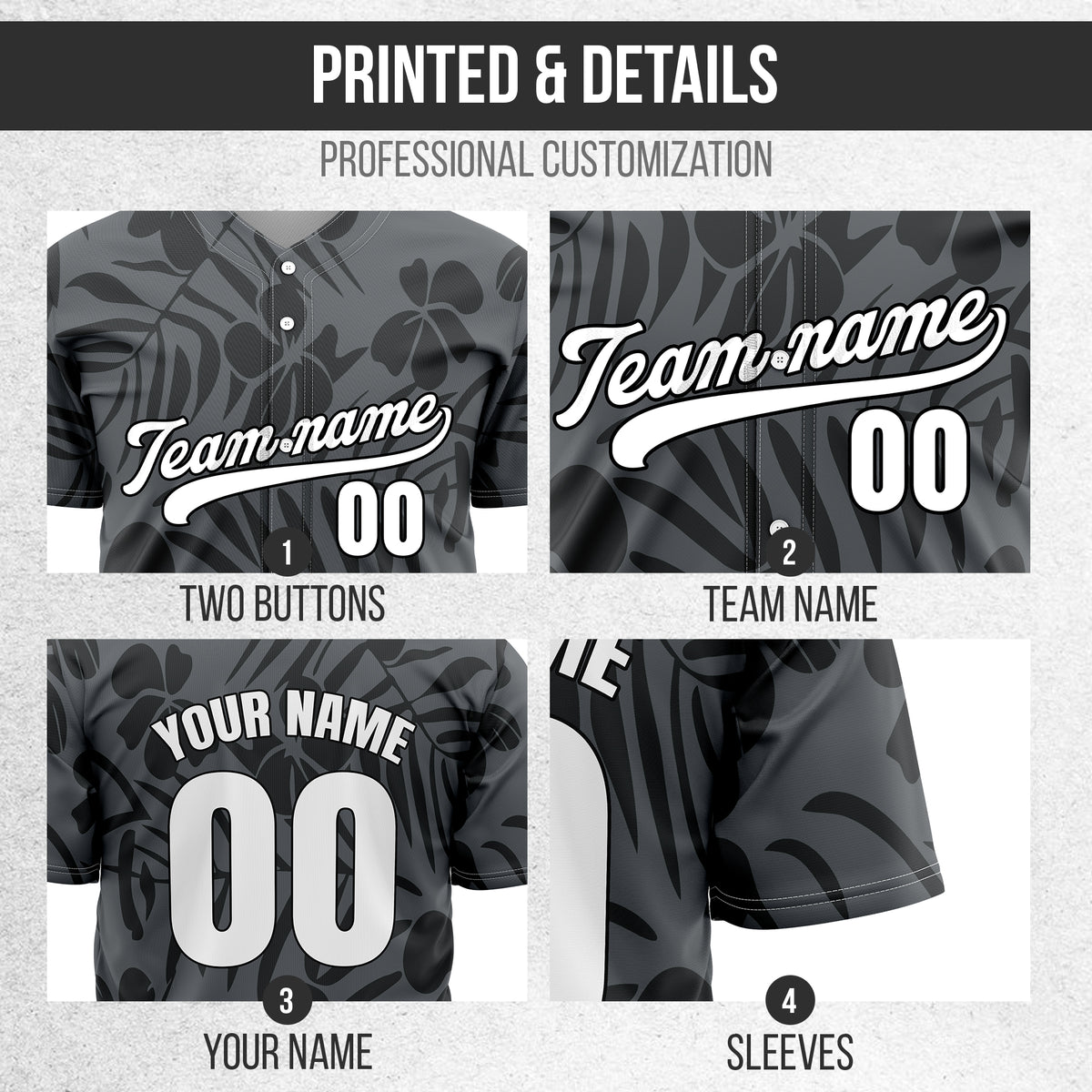 Custom Hawaiian Dark Grey Baseball Sports Jersey Personalized Uniform with Name & Number