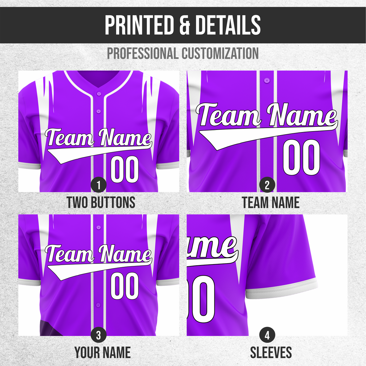 Custom Curve Edge Baseball Purple Sports Jersey Personalized Uniform with Name & Number