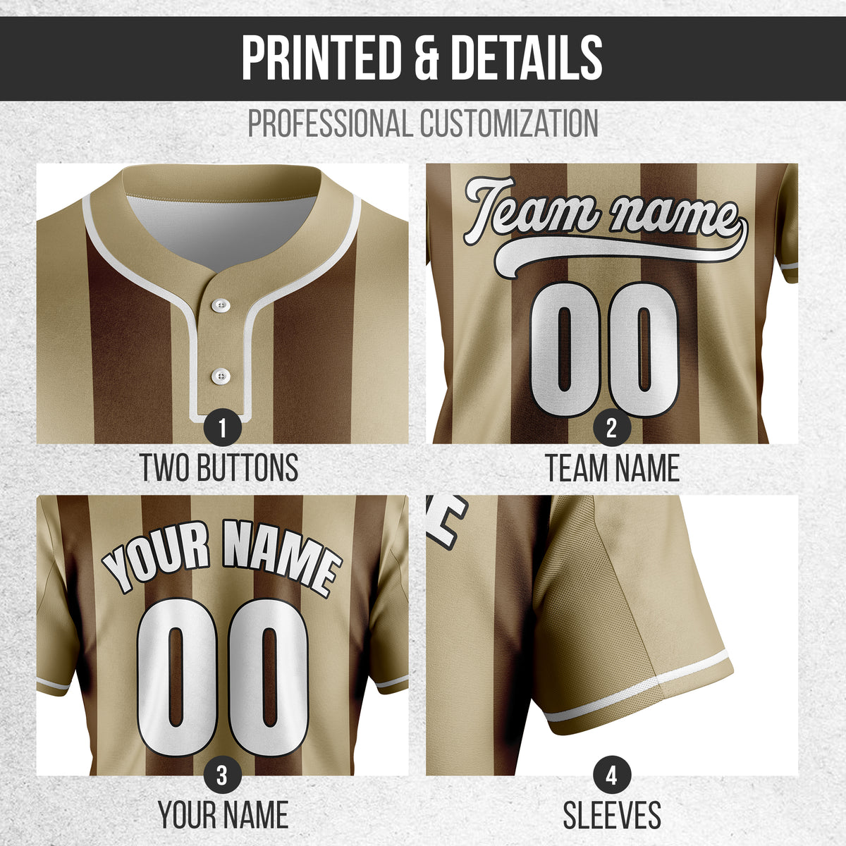 Custom Dual Stripe Khaki Baseball Sports Jersey Personalized Uniform with Name & Number